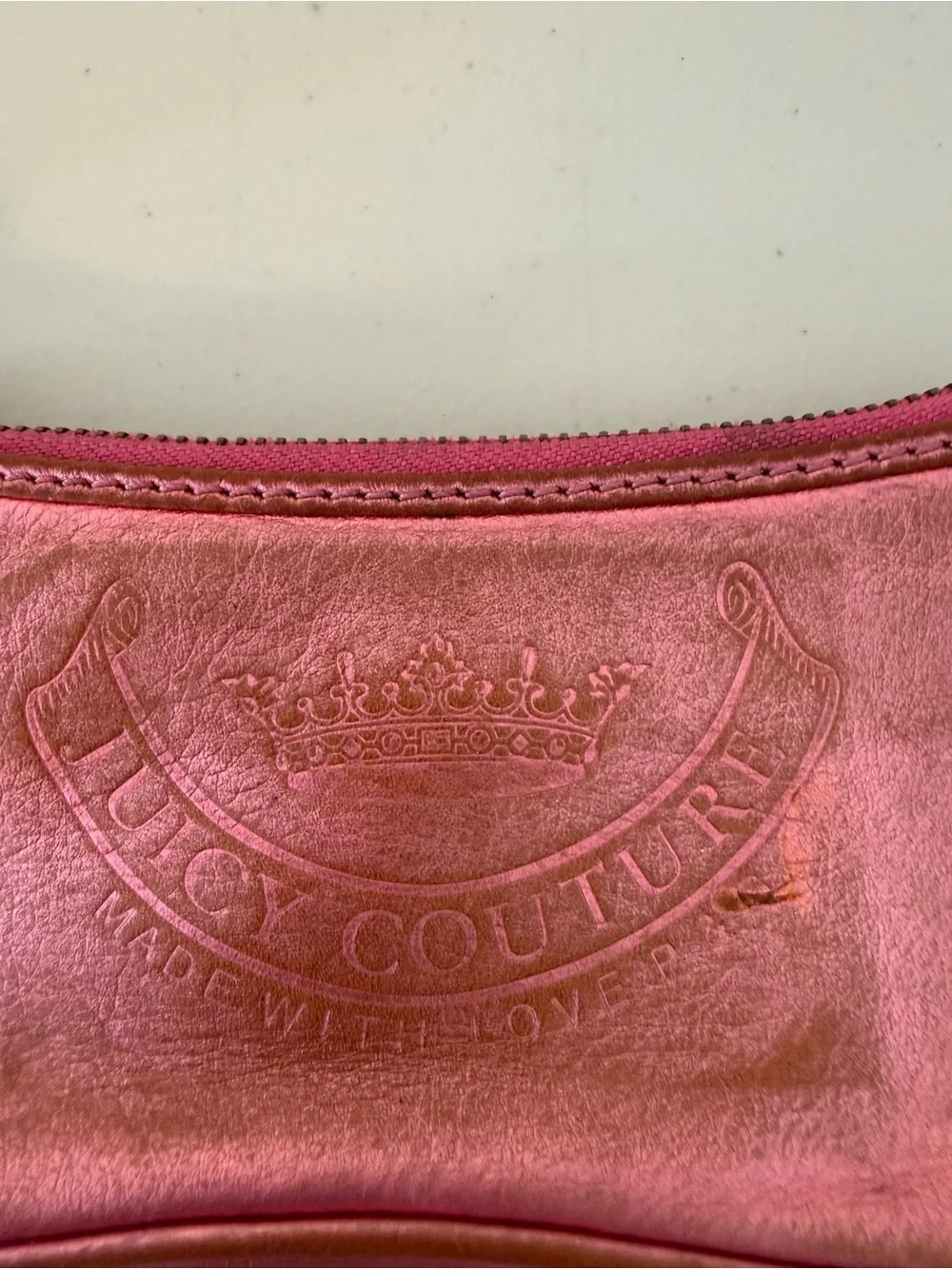Juicy Couture Y2K Pink Metallic Leather Wristlet Clutch Heart Mirror Charm